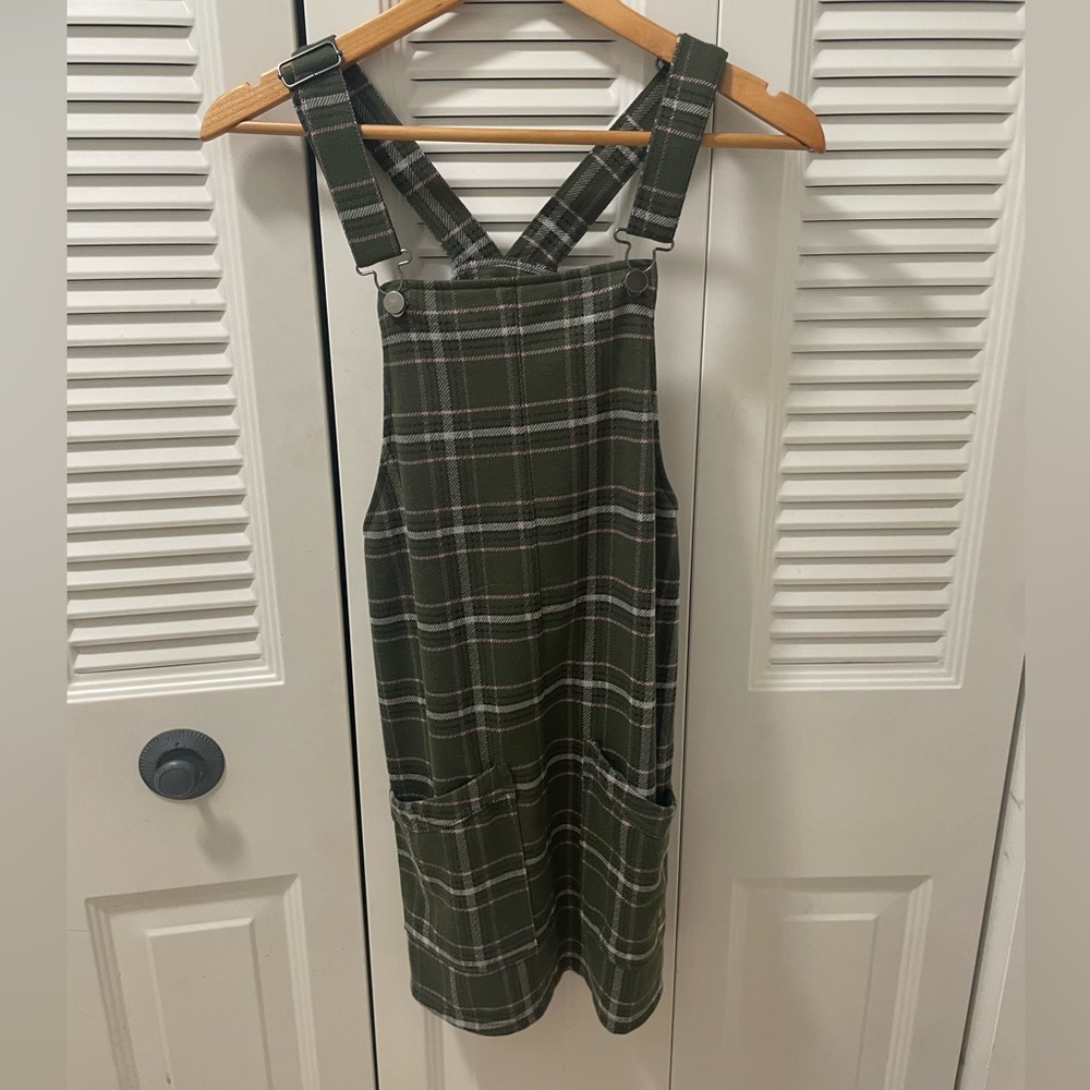 Plaid green overall dress